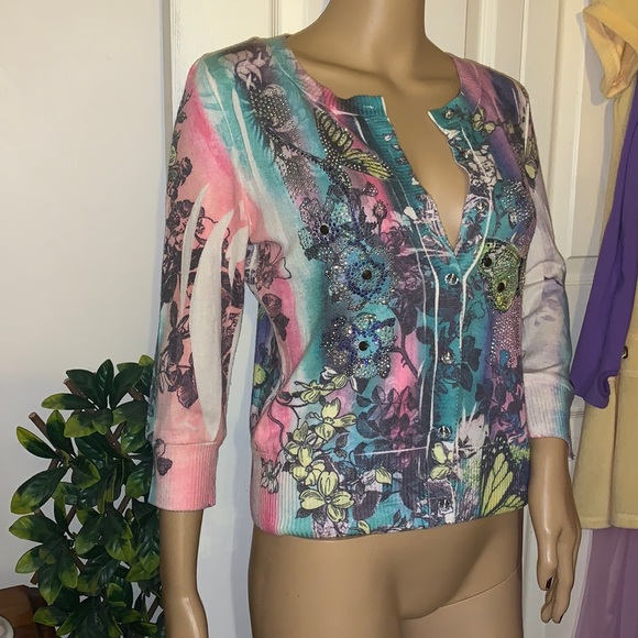 pastel blue pink sparkling butterflies cardigan sweater M - Picture 10 of 11